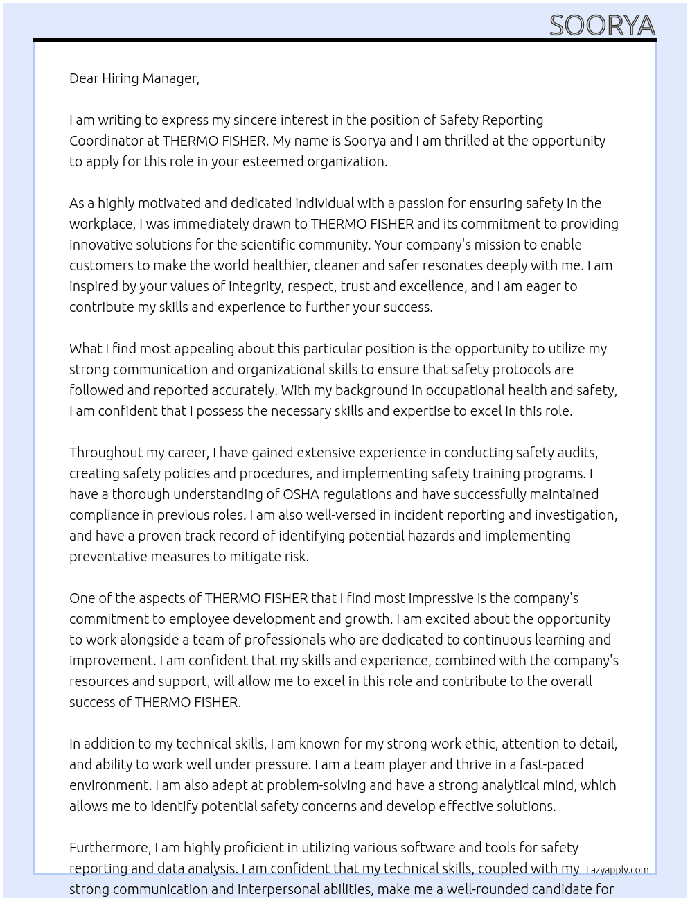 Safety Reporting Coordinator At THERMO FISHER  Cover Letter