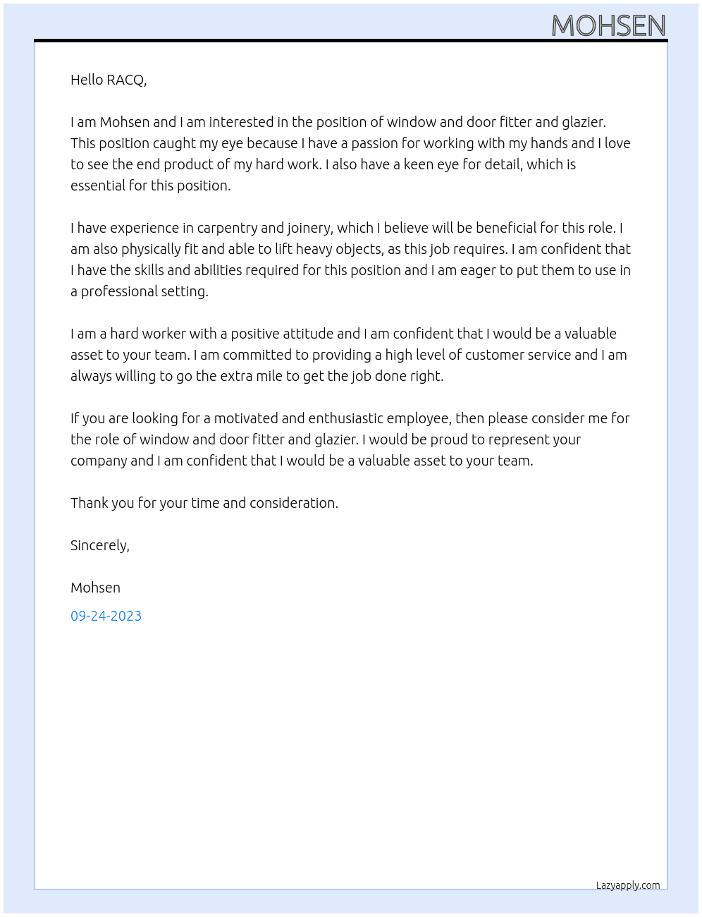 Window and door fitter and glazier  At RACQ Cover Letter