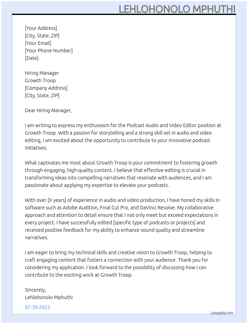 Podcast Audio and Video editor At Growth Troop Cover Letter