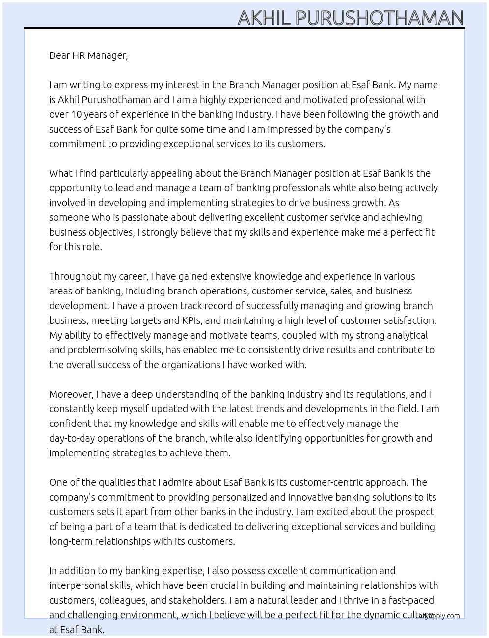 Branch Manger At Esaf Bank Cover Letter