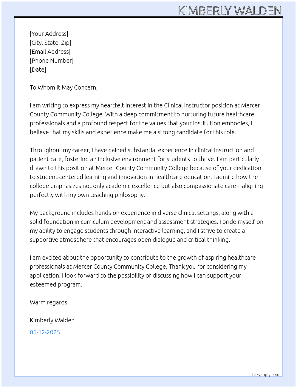 Clinical Instructor At Mercer County Community College Cover Letter