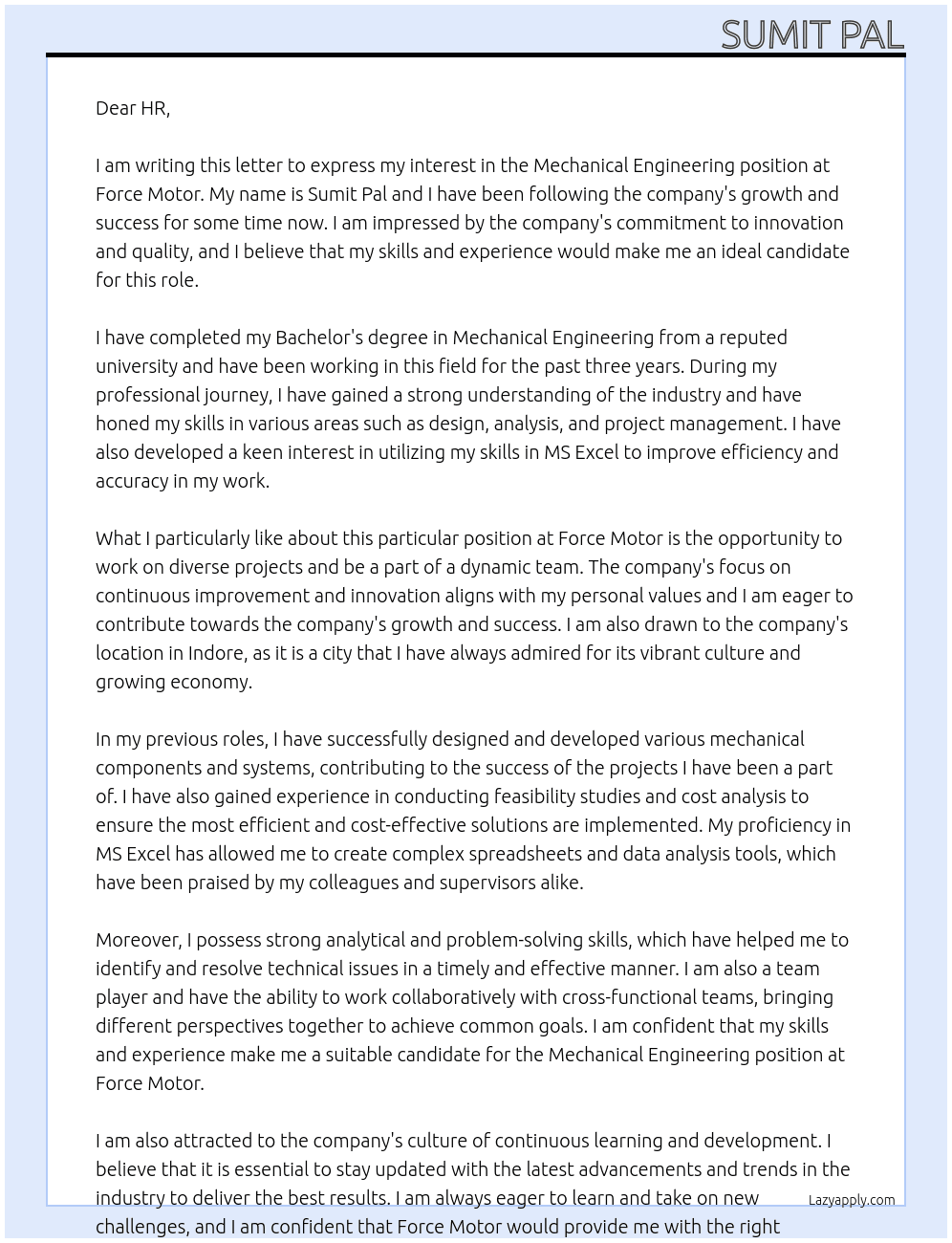 Mechanical engineering  At Force motor Cover Letter
