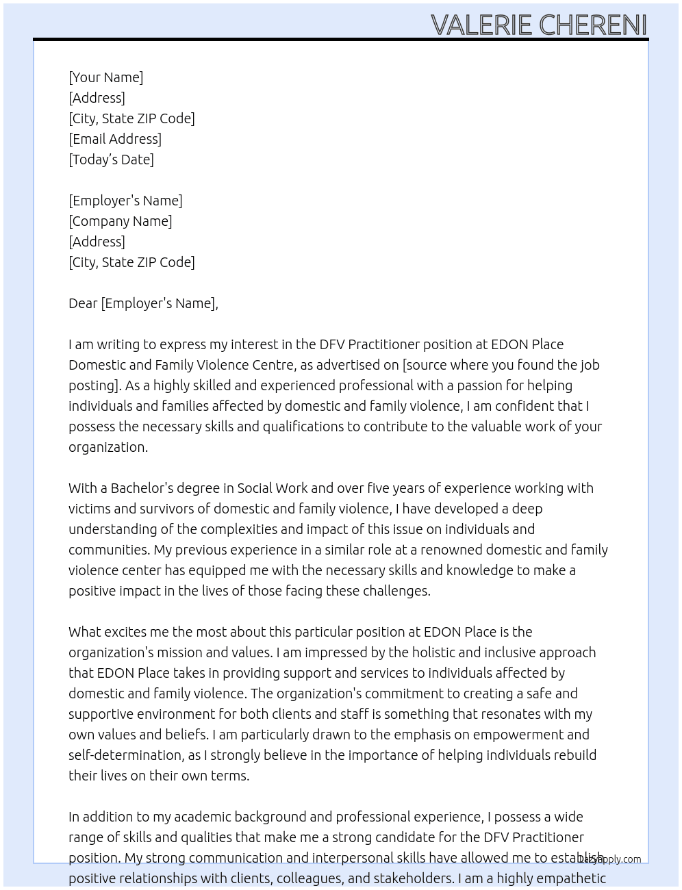 DFV Practitioner At EDON Place Domestic and Family Violence Centre  Cover Letter