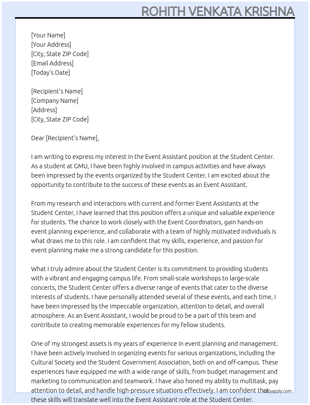 Event Assistant At Student center Cover Letter