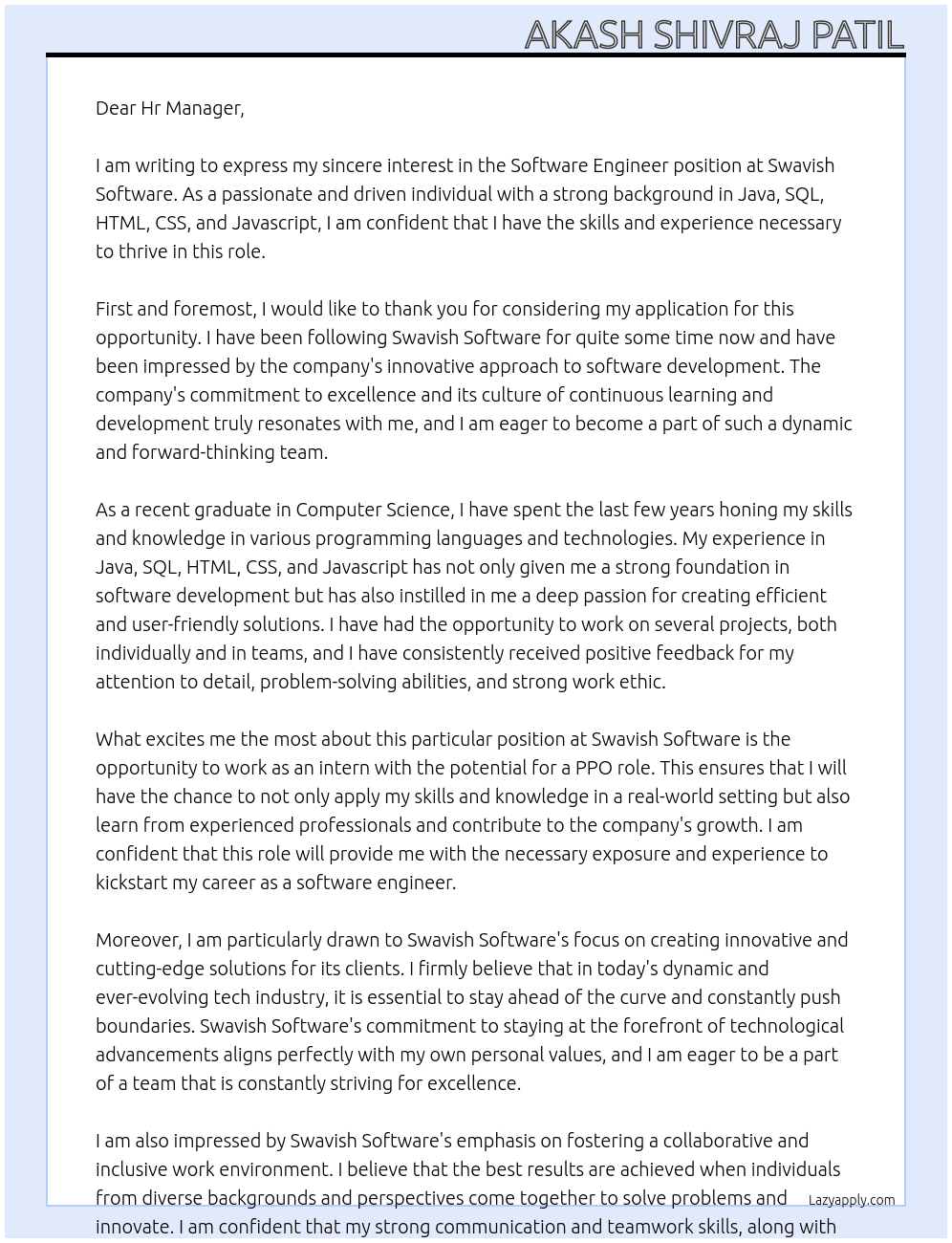 Software engineer  At Swavish Software Cover Letter
