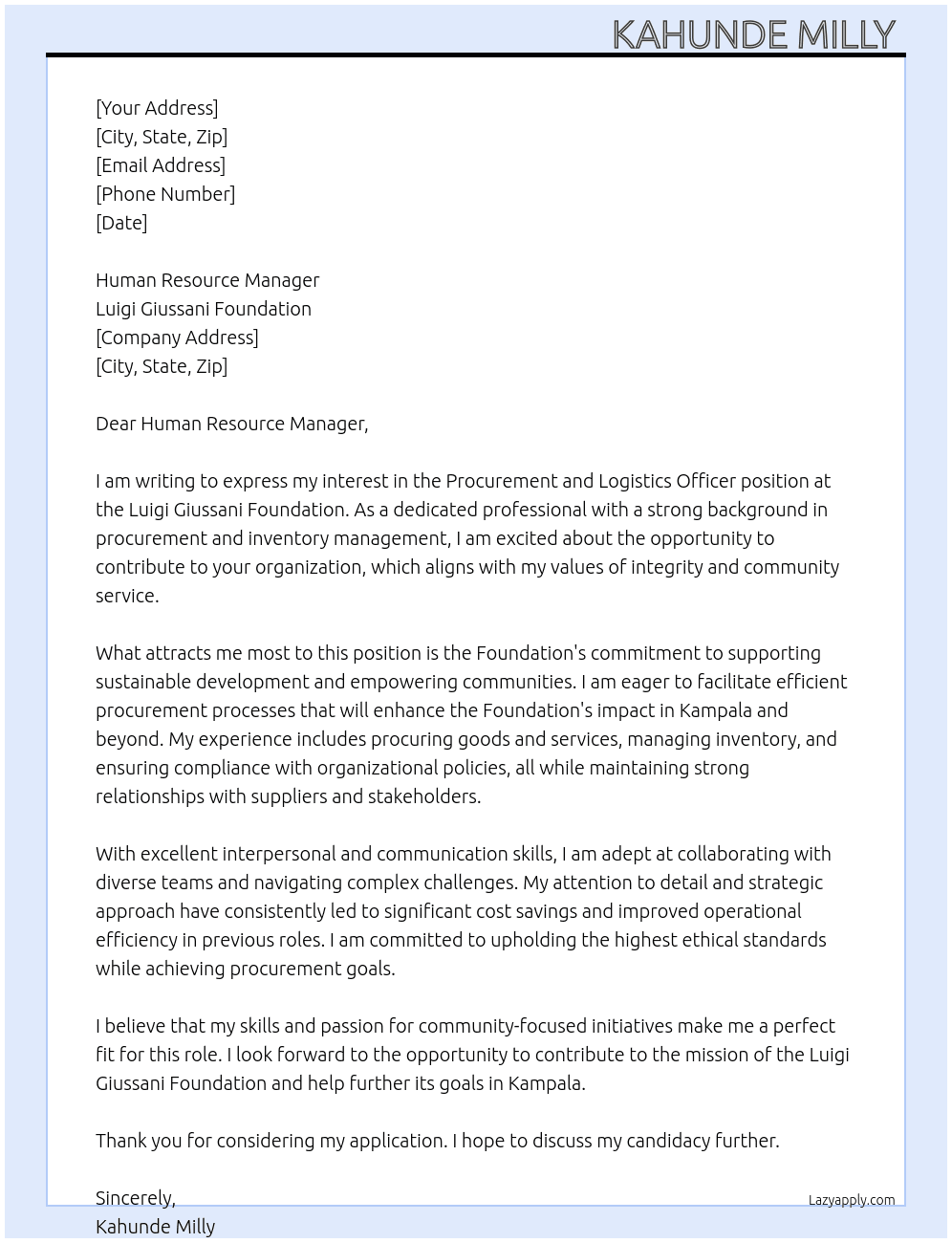 Procurement and logistics officer  At Luigi Giussani Foundation  Cover Letter