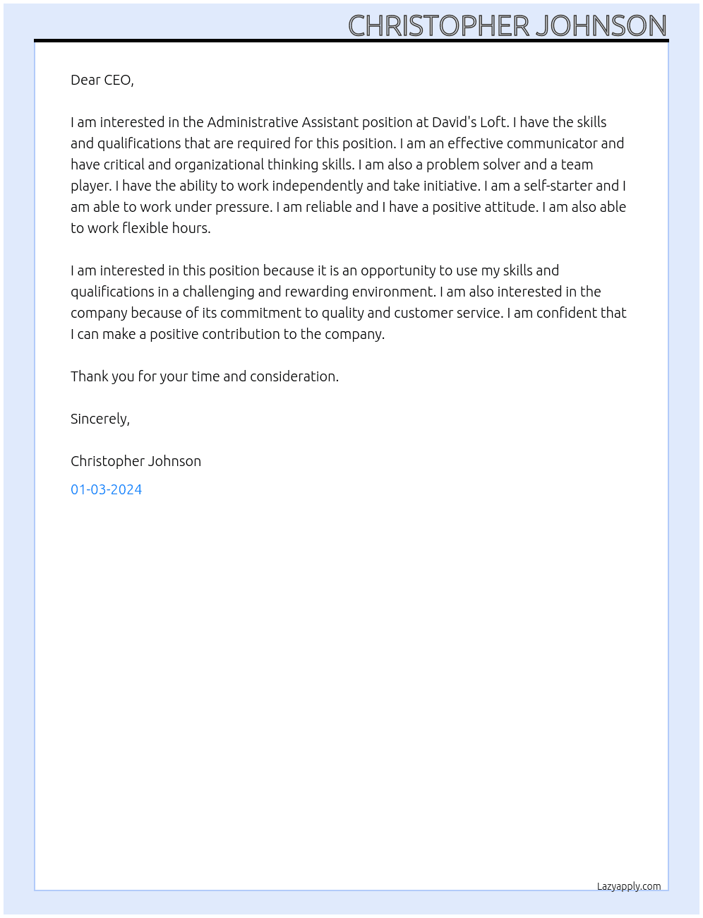 Administrative Assistant At David's Loft Cover Letter
