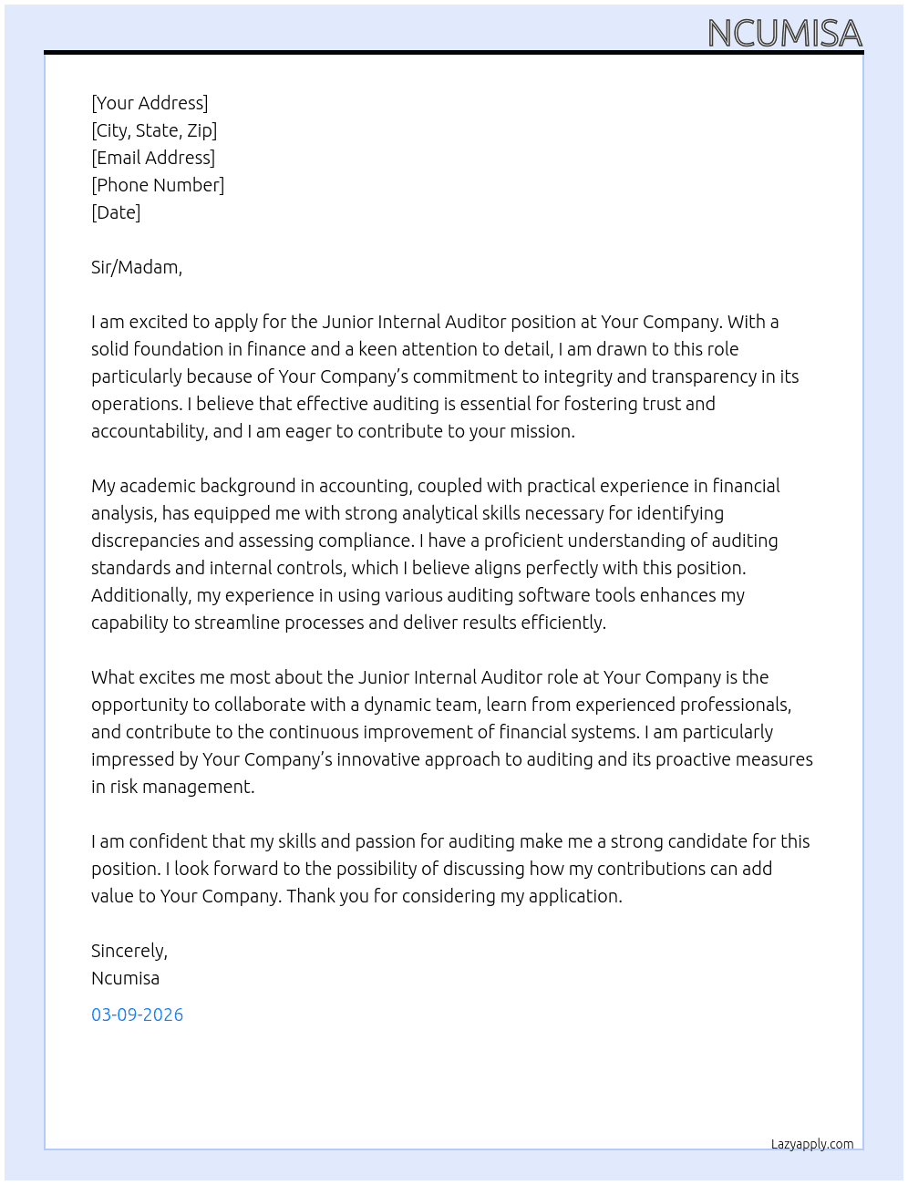 Junior Internal Auditor At Your company Cover Letter