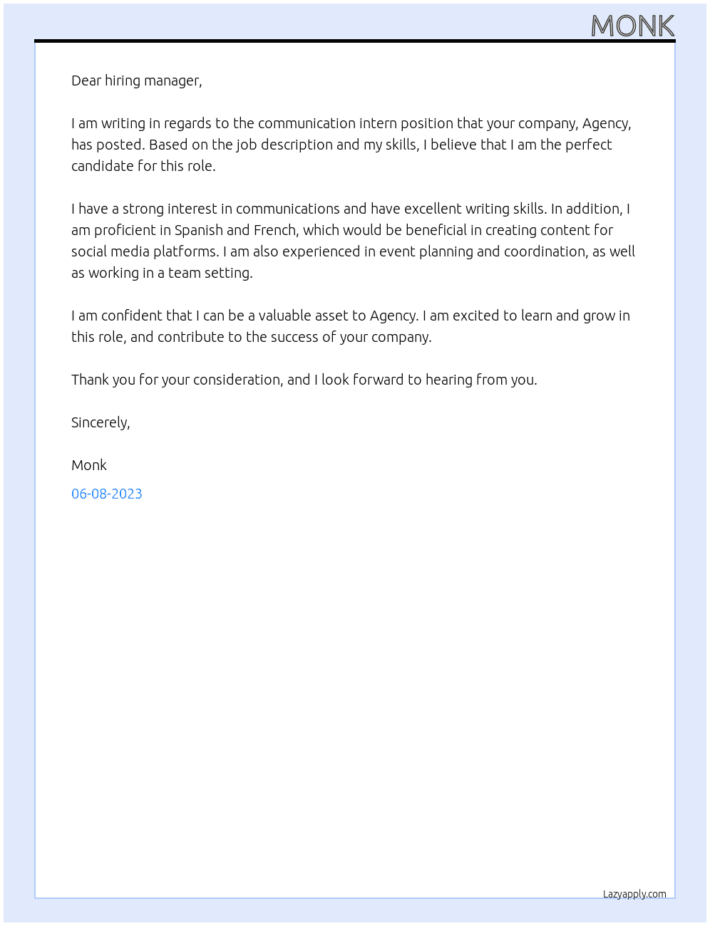 communication intern At agency Cover Letter