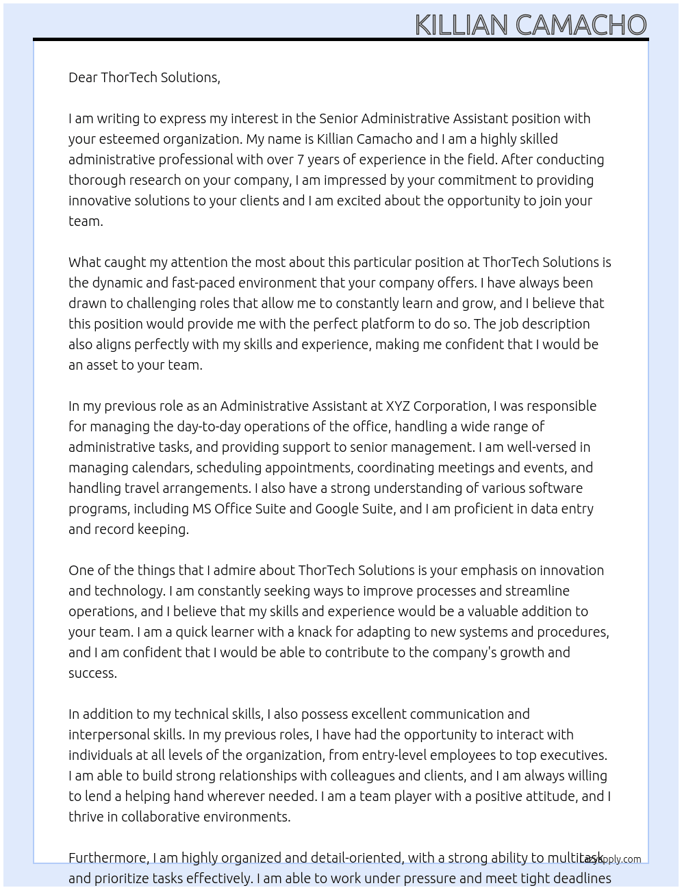 Senior Administrative Assistant At ThorTech Solutions Cover Letter