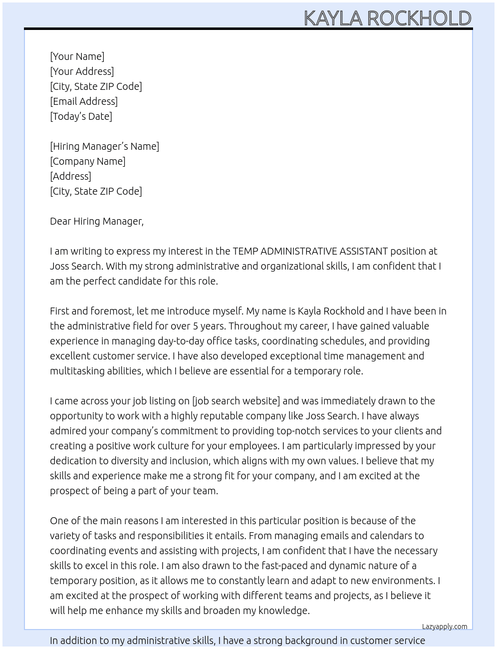 TEMP ADMINISTRATIVE ASSISTANT At Joss Search Cover Letter