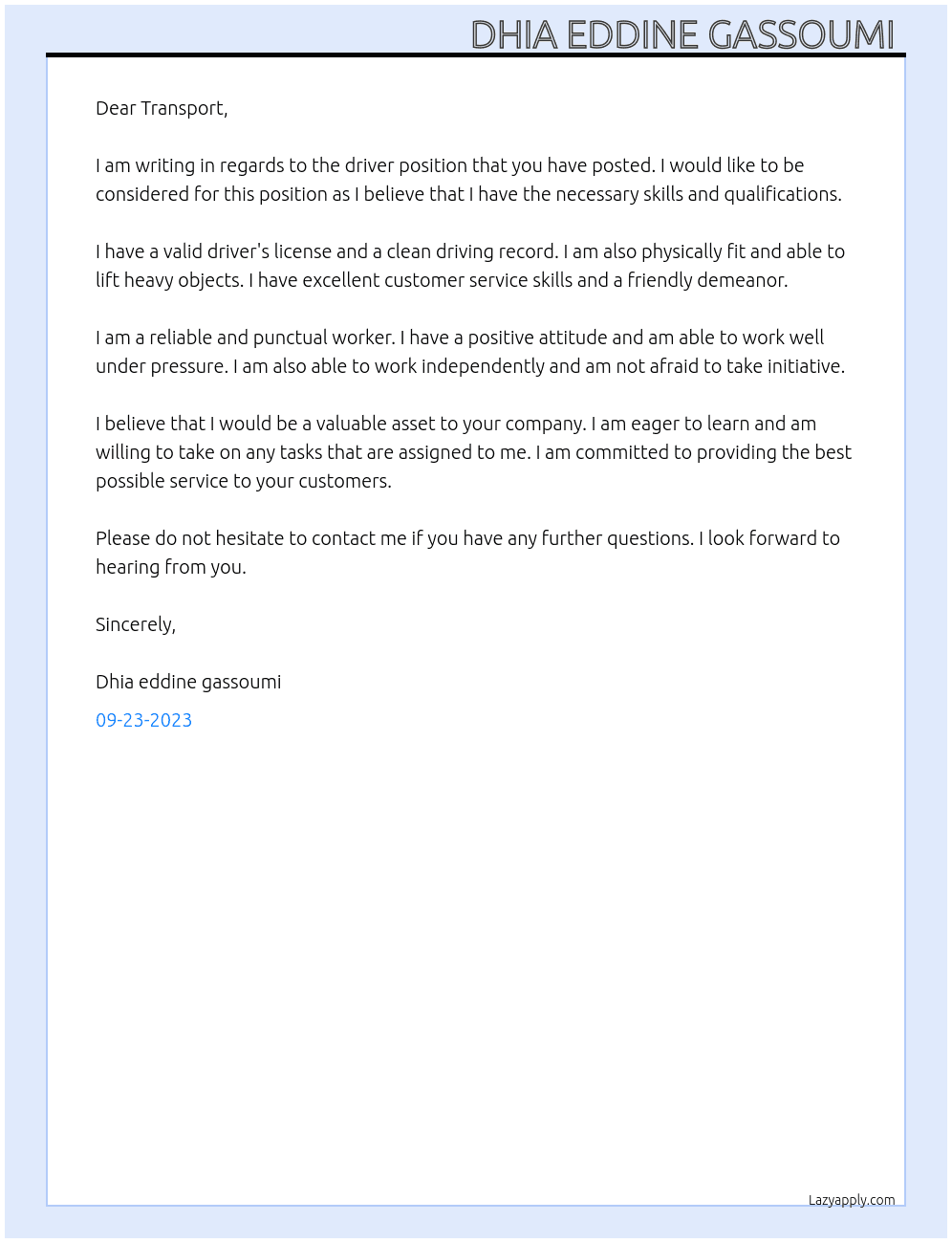 Driver At Transport  Cover Letter