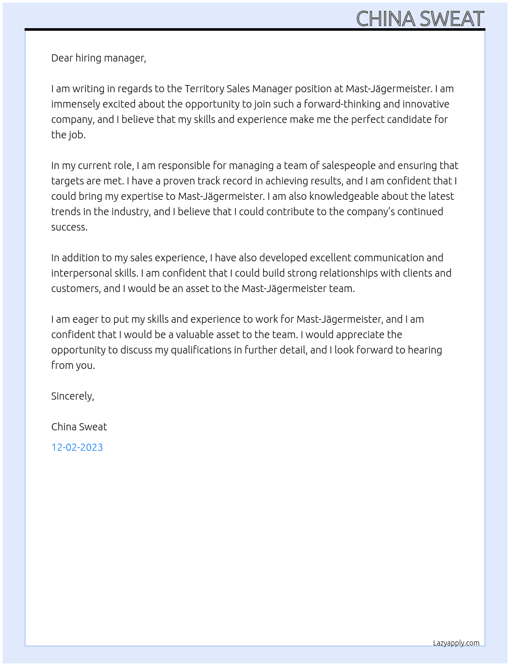 Territory Sales Manager At Mast-Jägermeister  Cover Letter