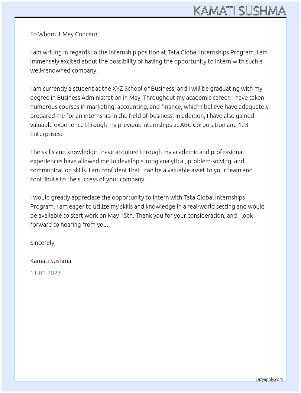 Internship  At Tata Global Internships Program  Cover Letter