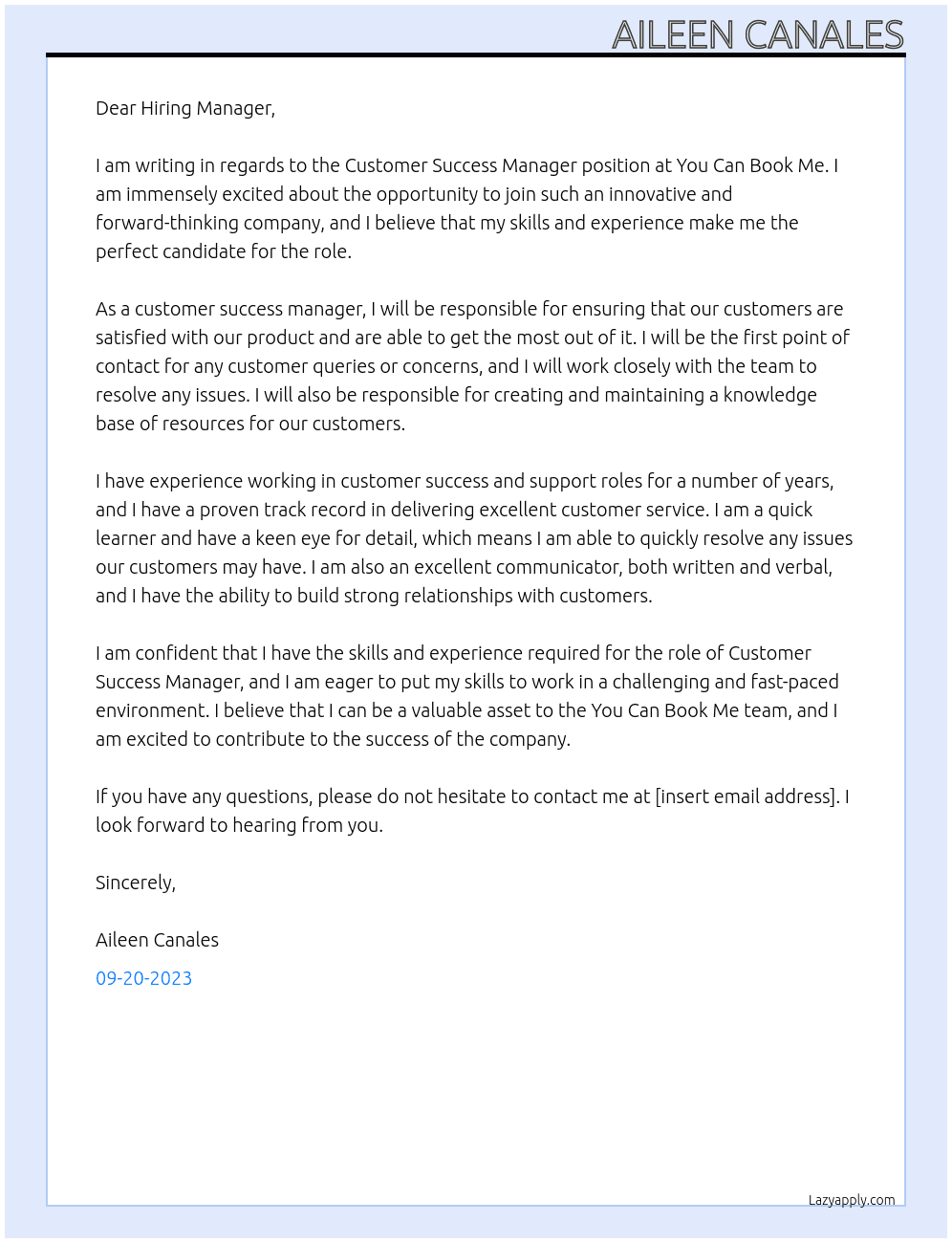 Customer Success Manager  At You Can Book Me Cover Letter