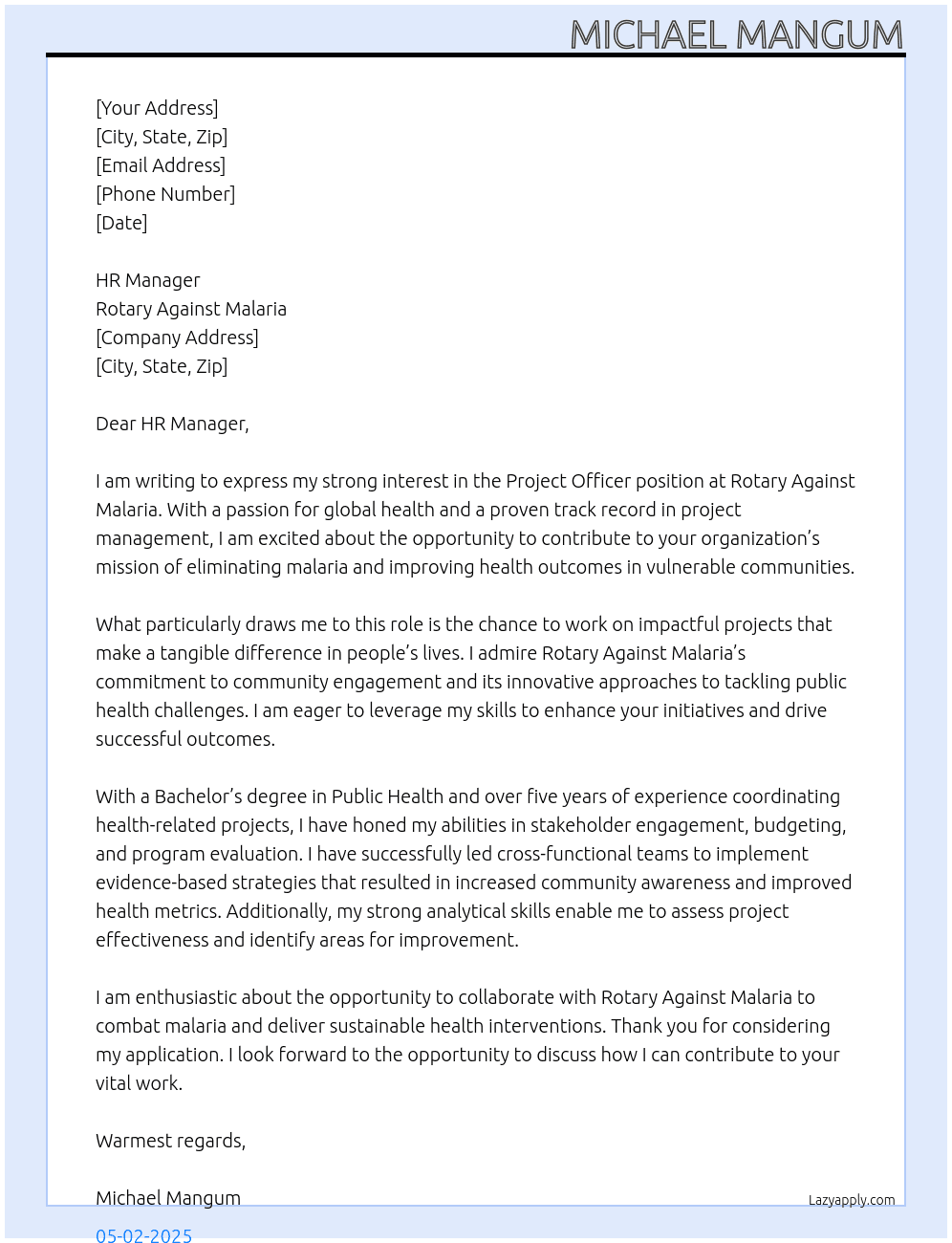 Project Officer At Rotary Against Malaria Cover Letter