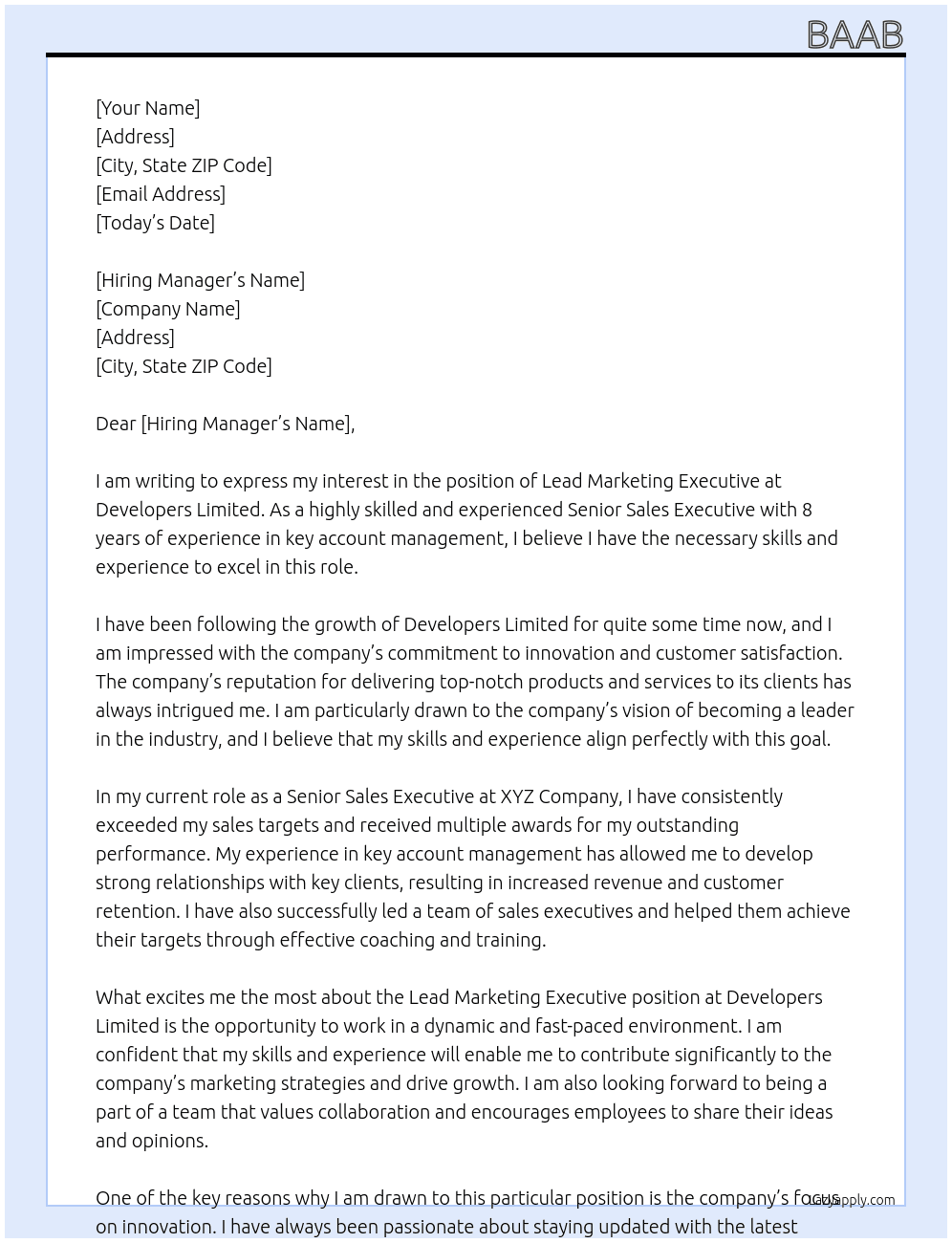 Lead marketing executive  At Developers limited  Cover Letter