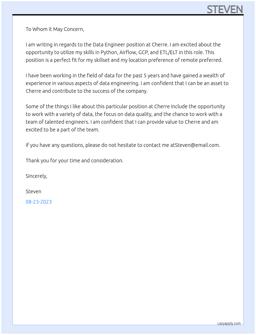 Data Engineer At Cherre Cover Letter