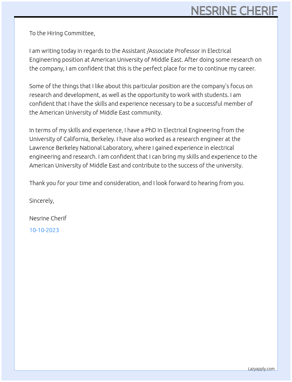Assistant /Associate Professor in Electrical Engineering At American University of Middle East Cover Letter