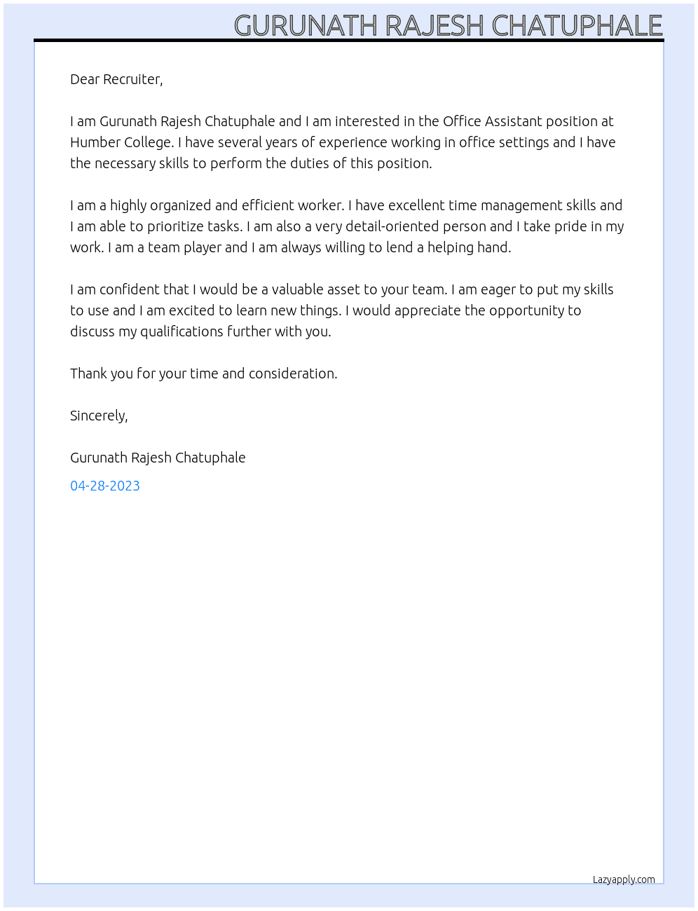 Office assistant At Humber college Cover Letter