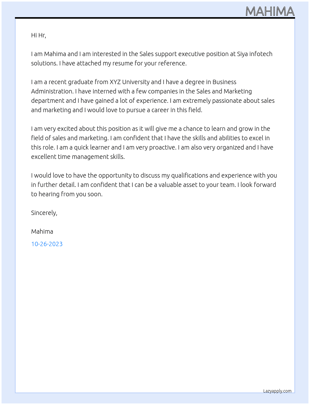 Sales support executive  At Siya infotech solutions  Cover Letter