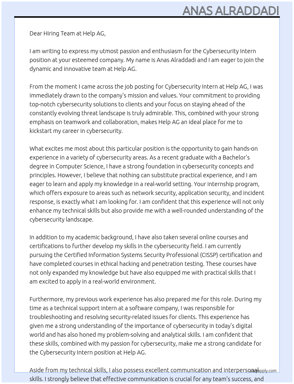 Cybersecurity Intern At Help AG Cover Letter