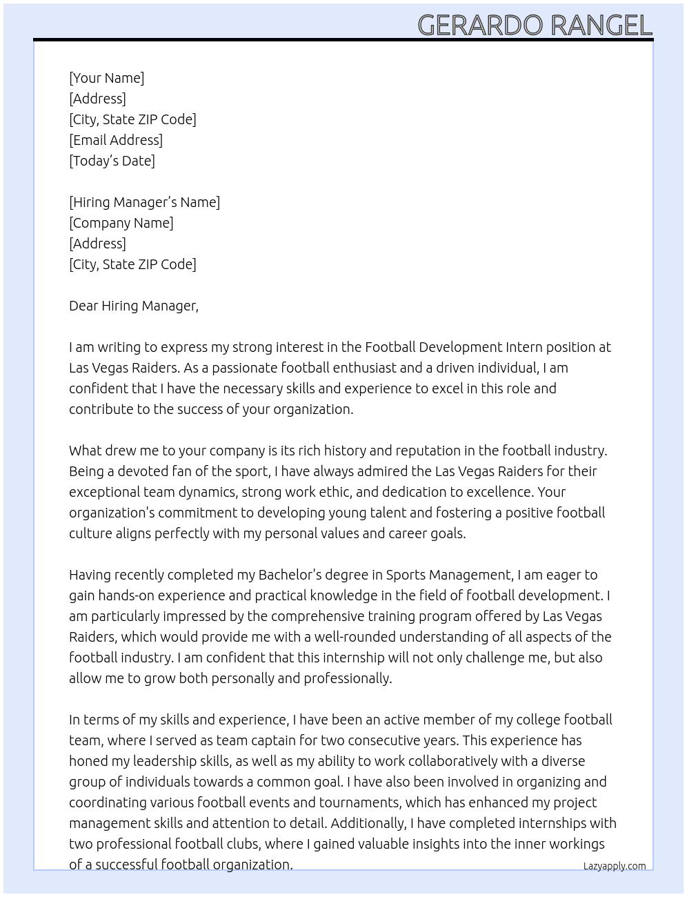 Football Development Intern At Las Vegas Raiders Cover Letter