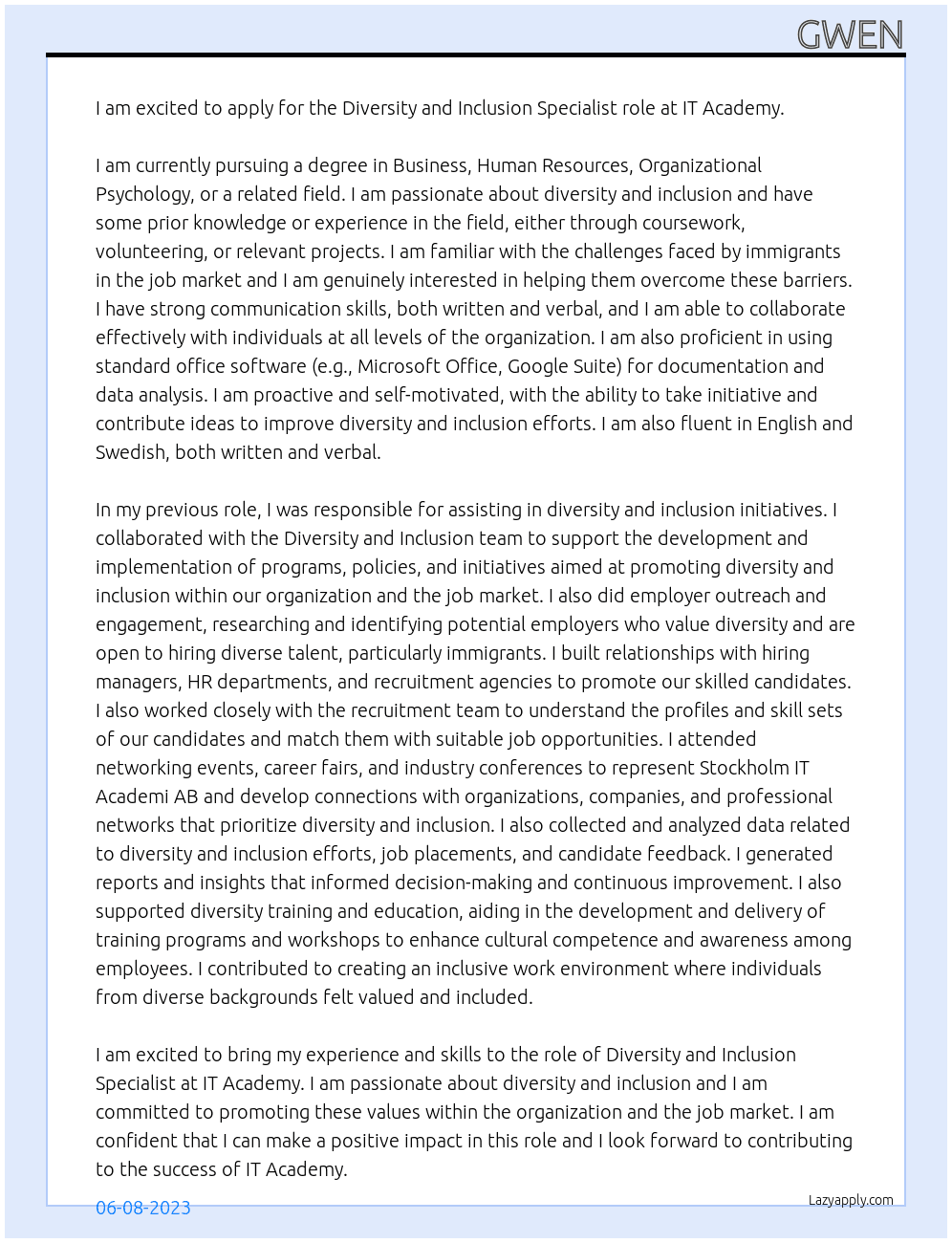 Diversity and Inclusion Specialist At IT Academy Cover Letter