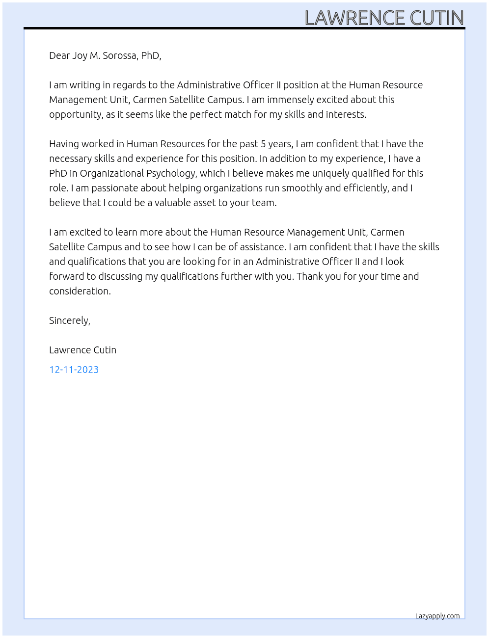 Administrative Officer II At Human Resource Management Unit, Carmen Satellite Campus Cover Letter