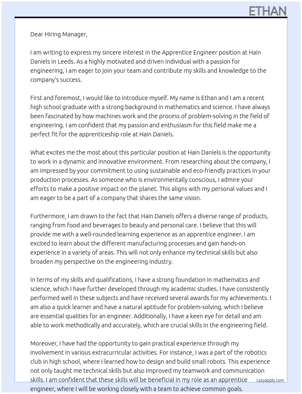 Apprentice Engineer At Hain Daniels Cover Letter