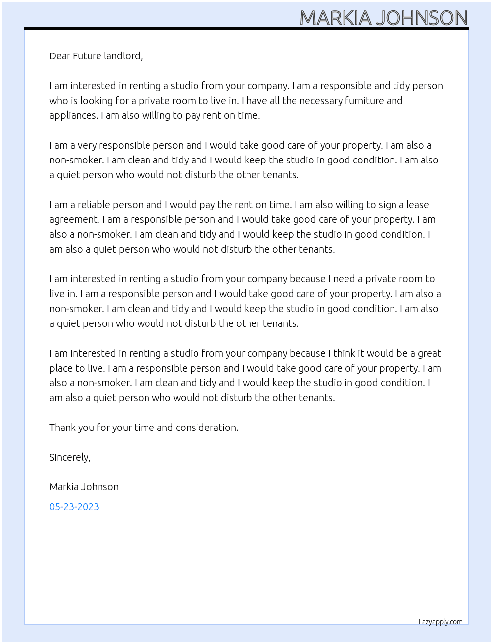 Tenant At Your private room studio  Cover Letter