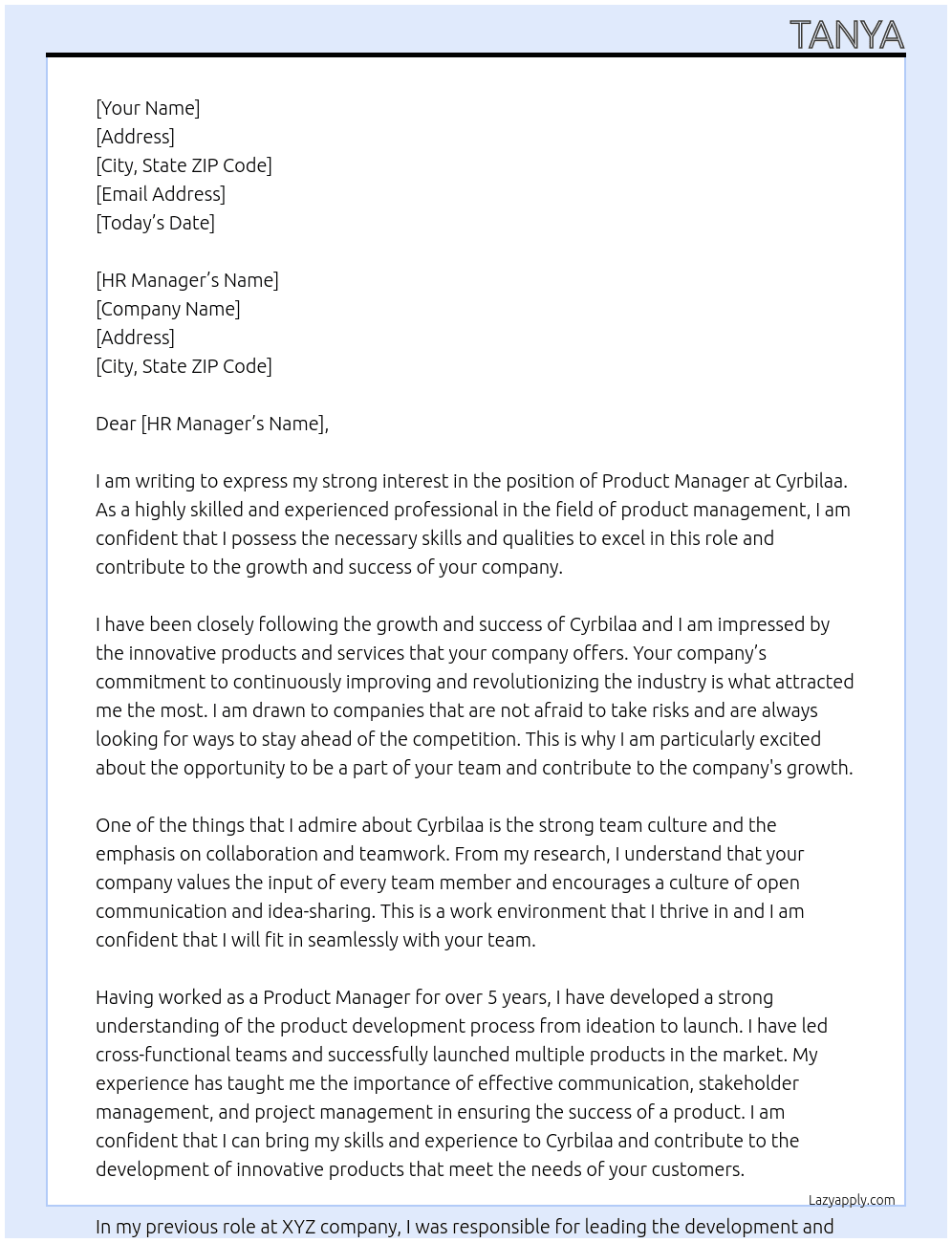 Product Manager At Cyrbilaa Cover Letter