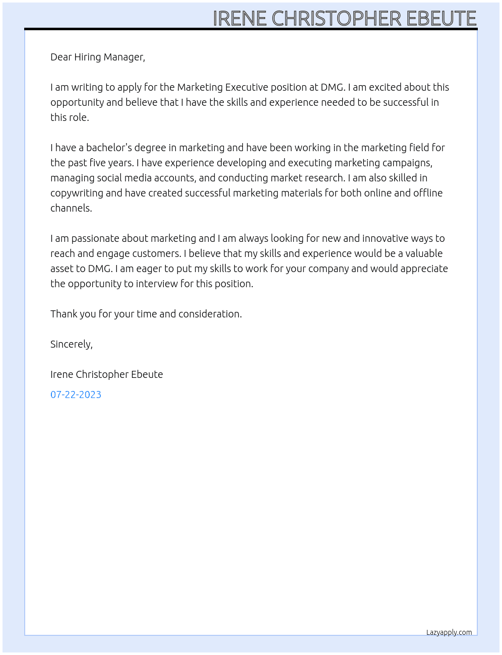 Marketing Executive  At DMG Cover Letter