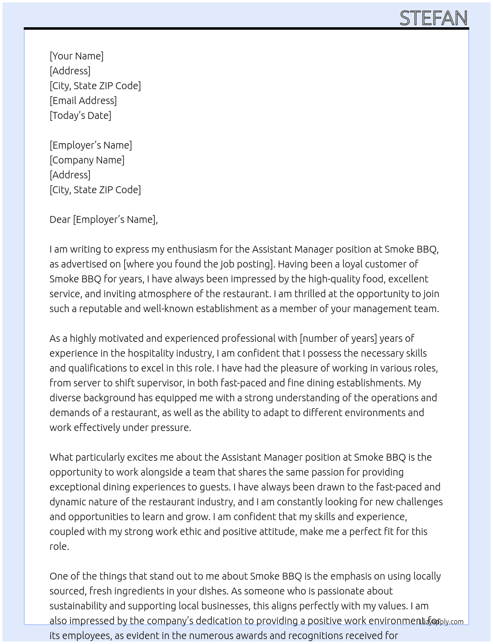 assistant manager At Smoke BBQ Cover Letter