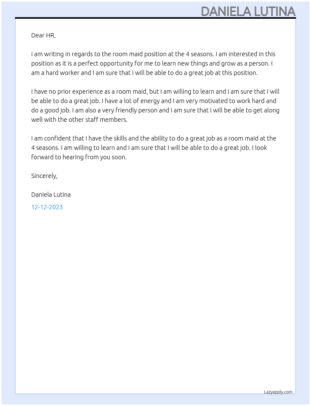 Room maid without experience At 4 seasons Cover Letter
