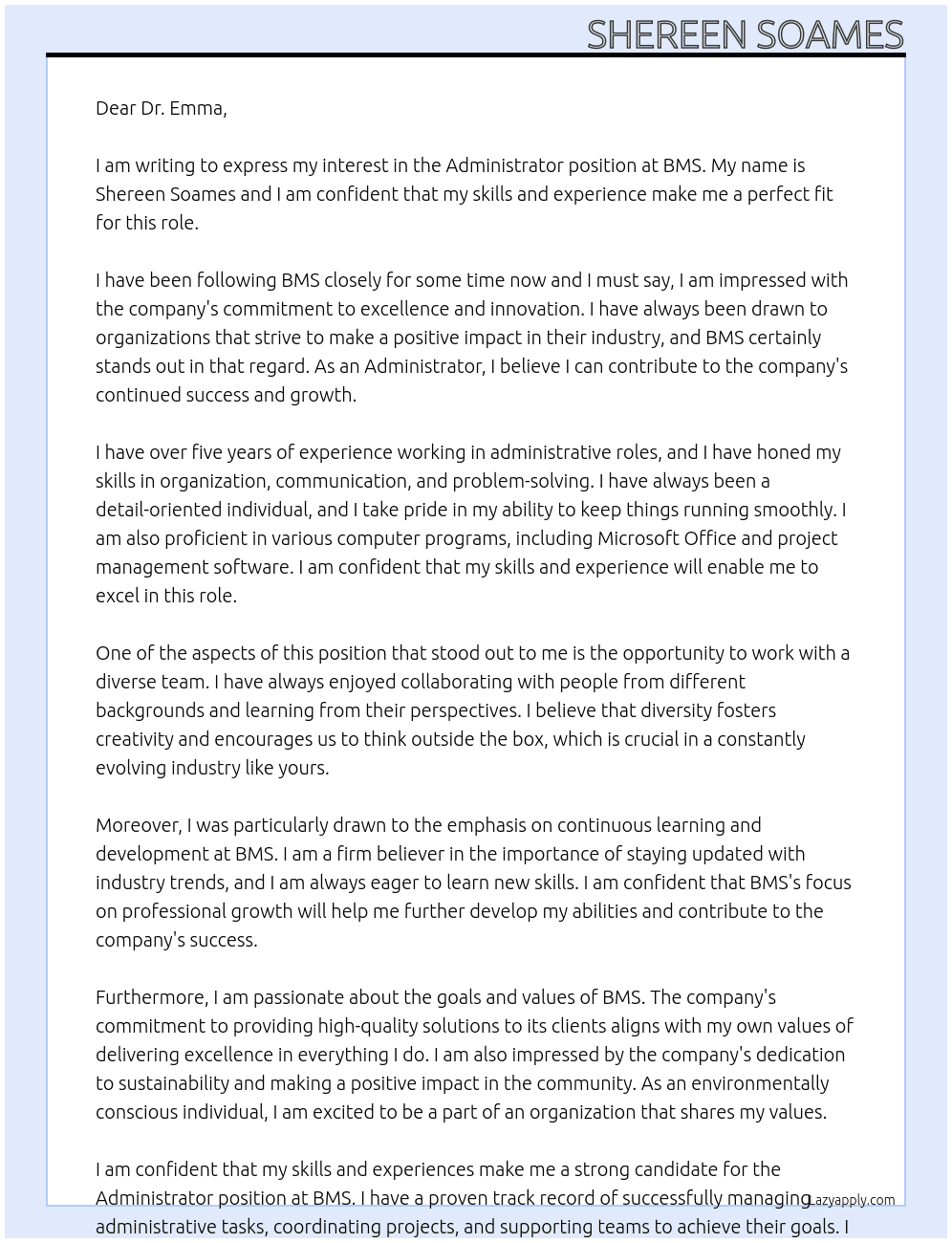 Administator At BMS Cover Letter