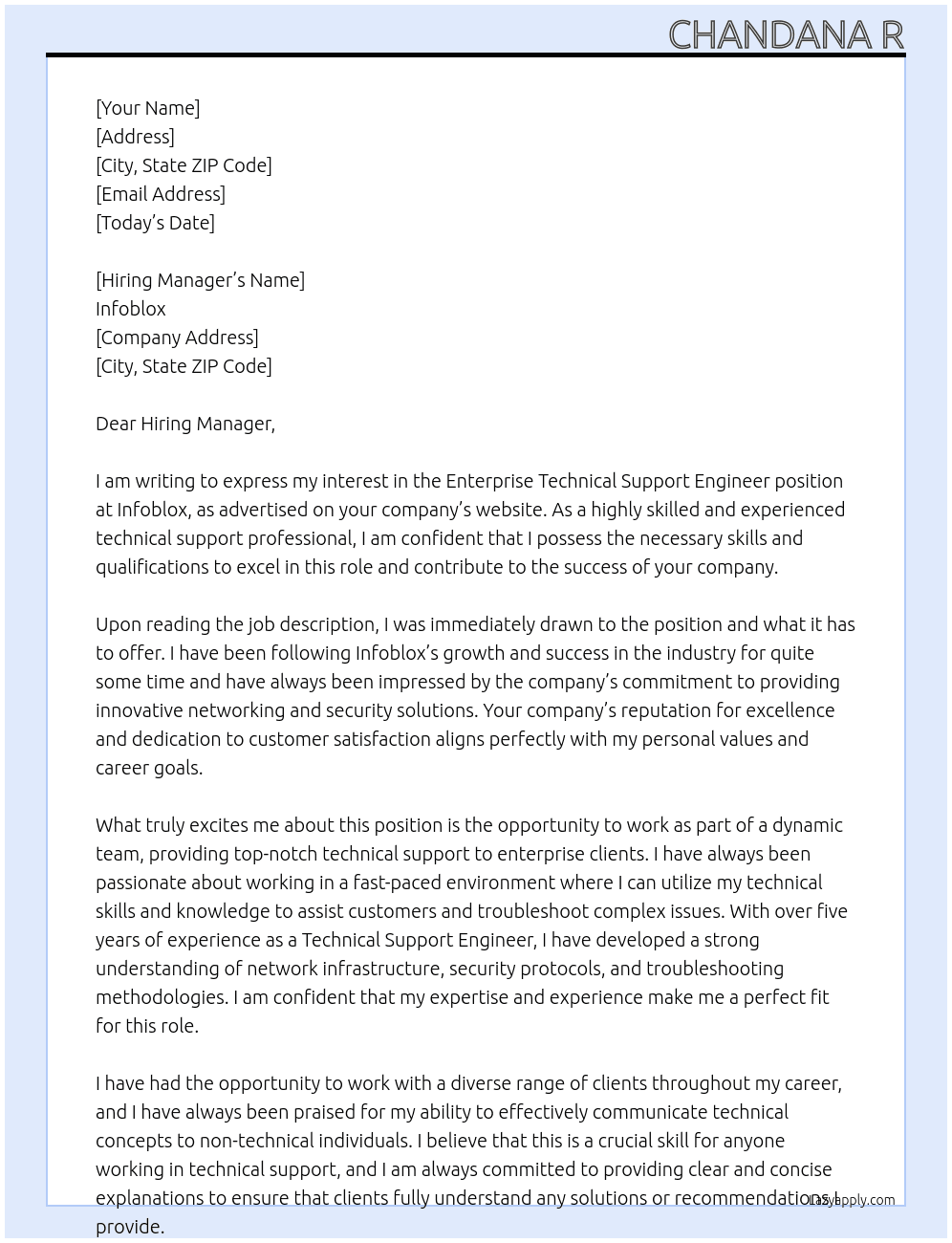 Enterprise Technical Support Engineer At Infoblox Cover Letter