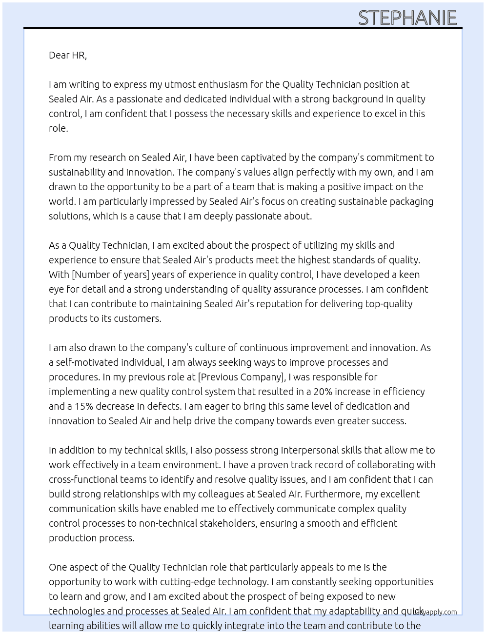 Quality technician  At Sealed air  Cover Letter