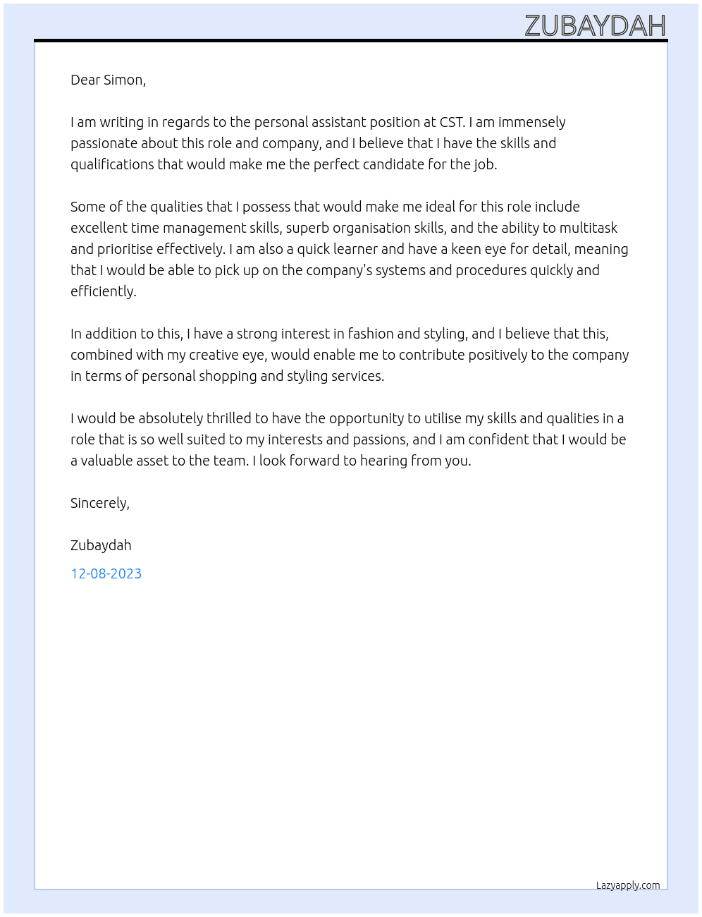 Personal assistant At CST Cover Letter