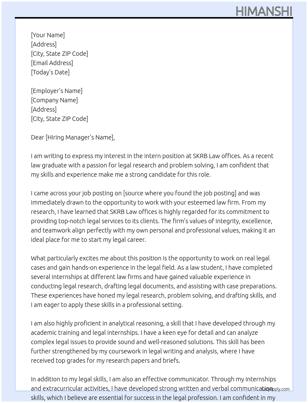 intern At SKRB Law offices Cover Letter