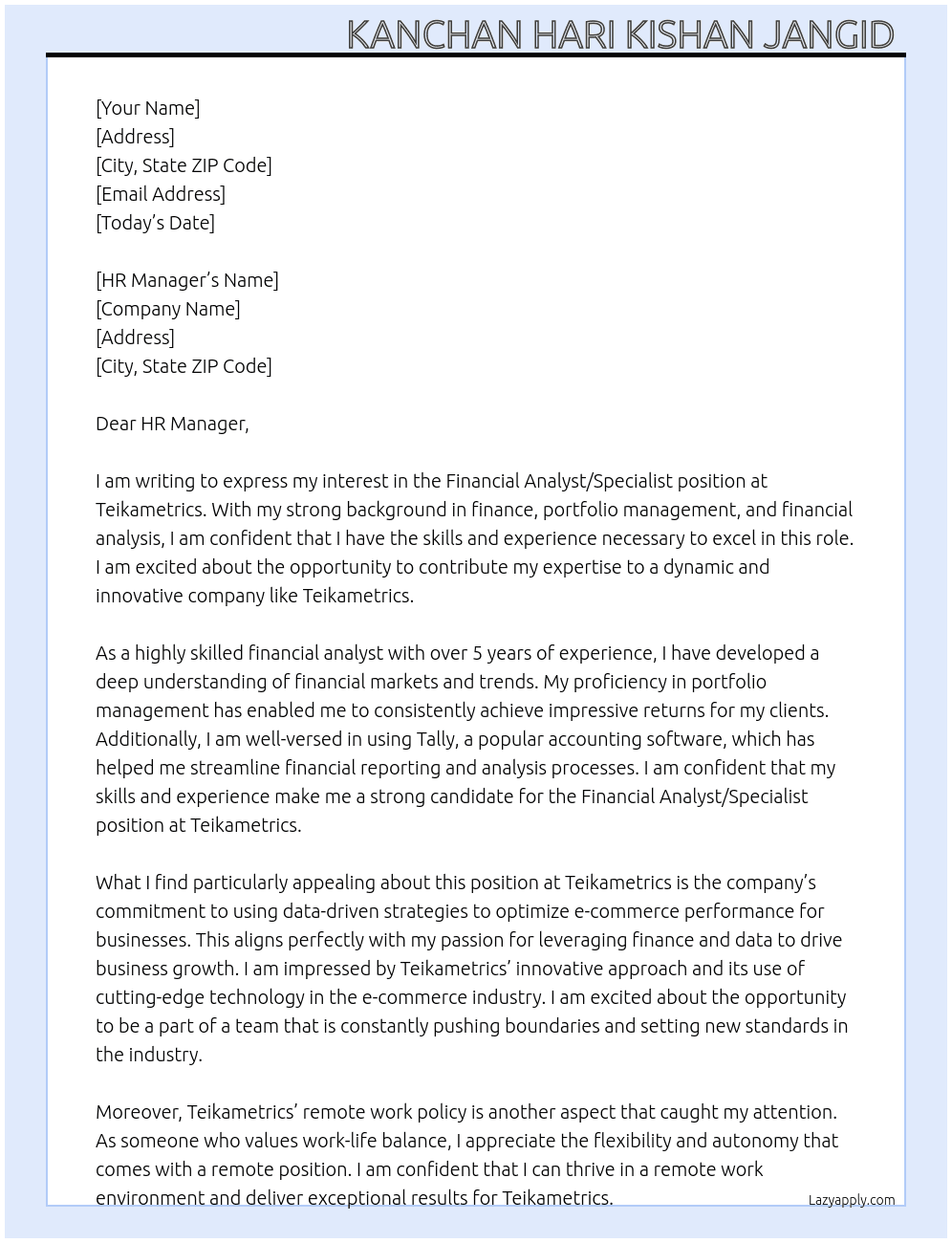 Financial analyst/specialist  At Teikametrics Cover Letter