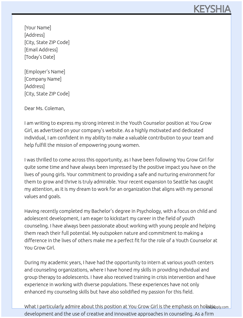 youth counselor  At You Grow Girl  Cover Letter