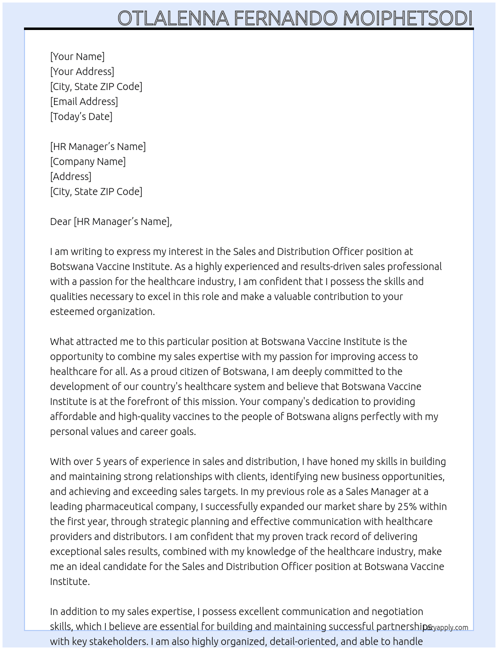 Sales and Distribution Officer At Botswana Vaccine Institute Cover Letter