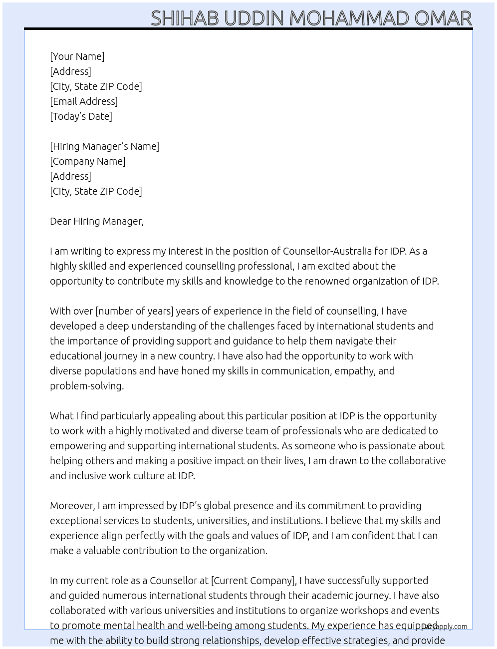 Counsellor-Australia for IDP At IDP Cover Letter