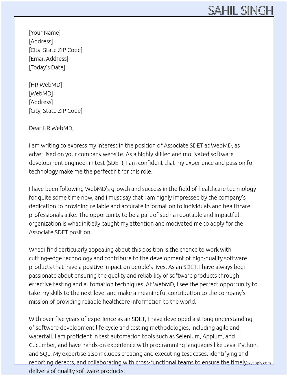 Associate SDET At WebMD Cover Letter