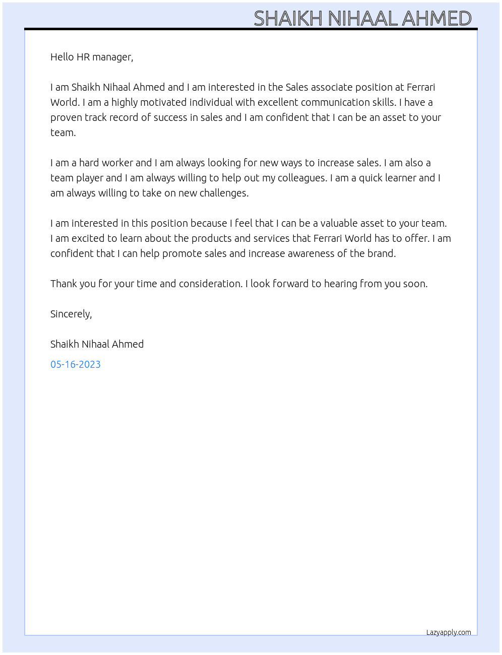 Sales associate  At Ferrari World  Cover Letter