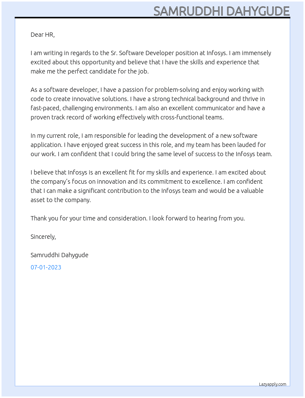 Sr. Software Developer At Infosys Cover Letter