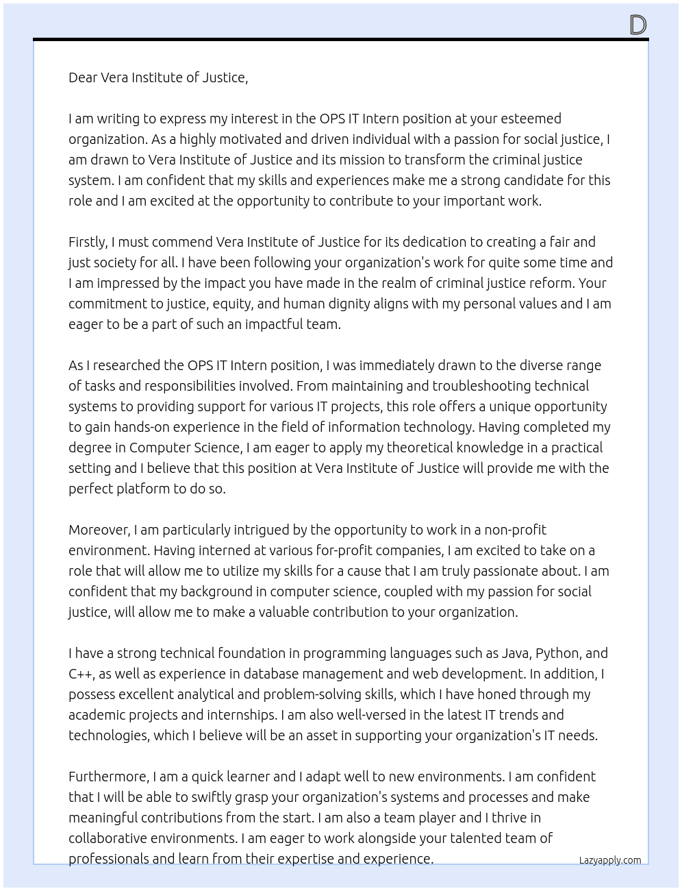 OPS IT Intern At Vera Institute of Justice Cover Letter