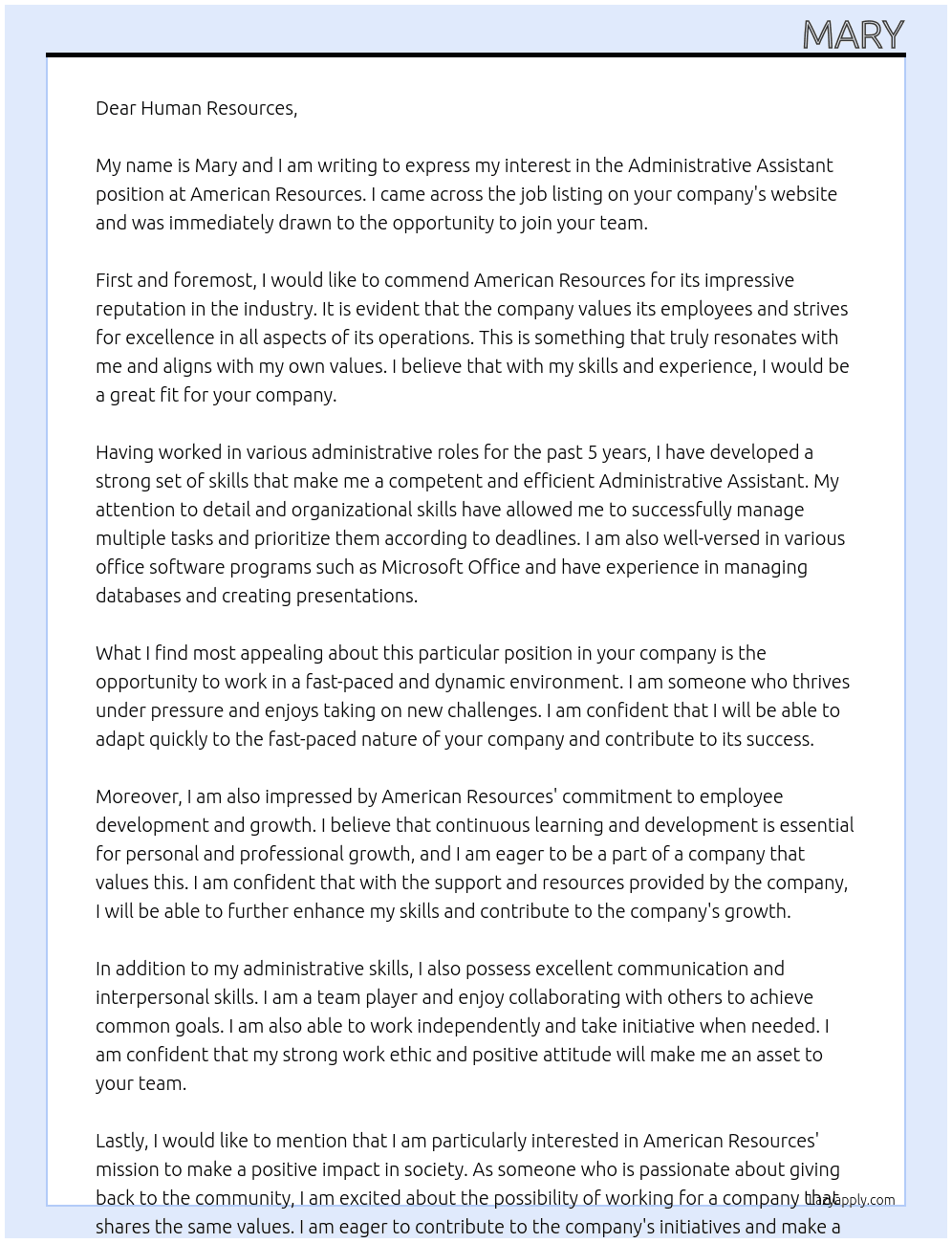 Administrative Assistant At American Resources Cover Letter
