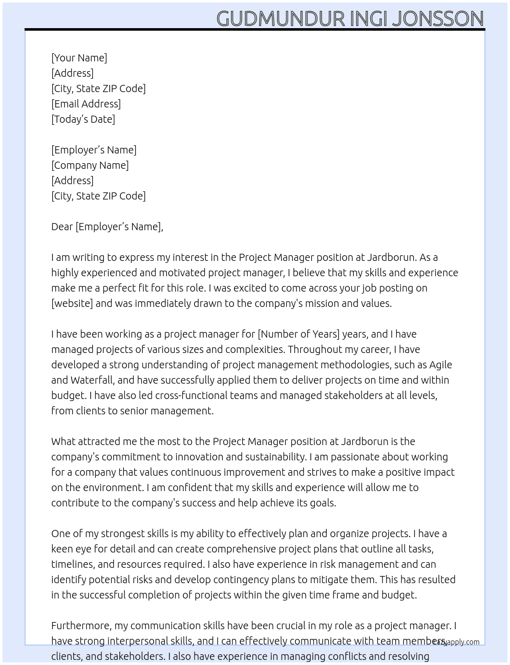 Project manager At Jardborun Cover Letter